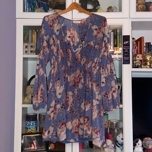 Blue Floral Puff Long Sleeve Mini Dress